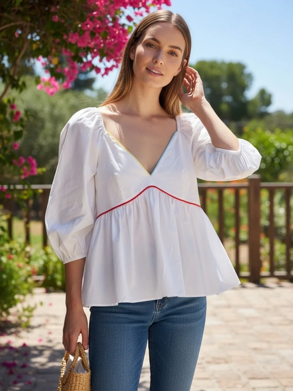 STAUD Dani Blouse Womens 0 White Cotton Poplin Puff Sleeve Peplum Top $245